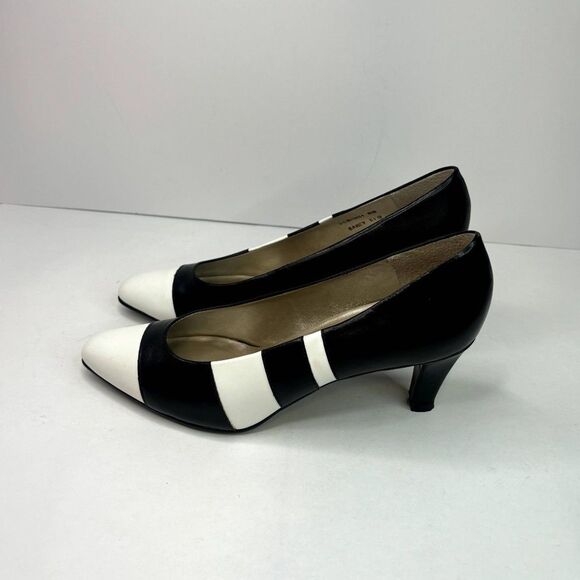 Connie Italian Leather White Cap Heel Pumps Black White Comfy Womens Designer - Picture 6 of 10